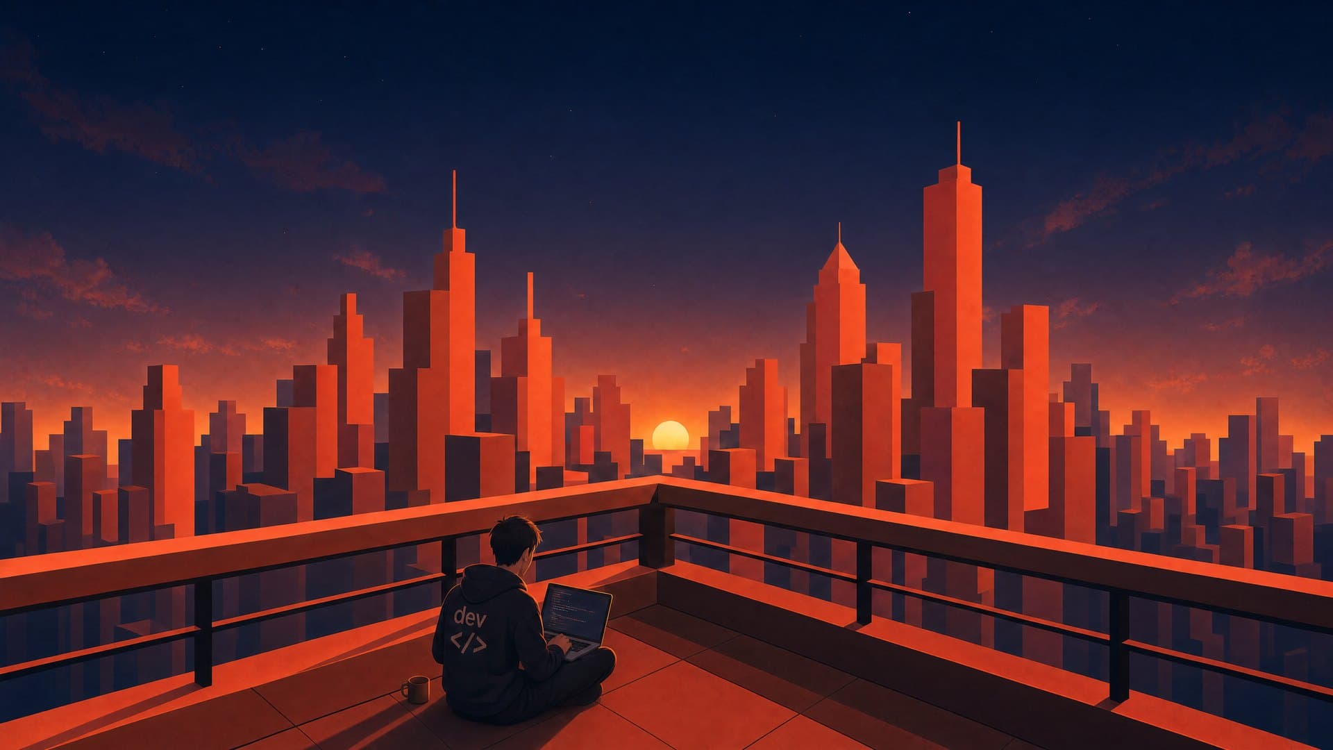 A developer in a “dev </>” hoodie working on a laptop on a rooftop terrace at golden hour, overlooking a warm city skyline.